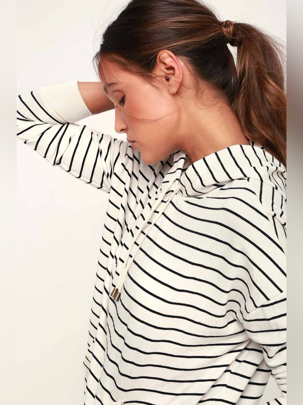 Z Supply Dakota Ivory Striped Pull-Over Hoodie Cozy Hooded Sweater Top - Medium - Picture 4 of 11